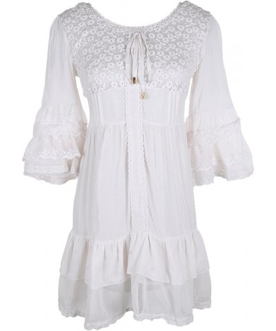 Womens Boho Peasant Floral Lace Ruffle Hem Bell Sleeve Mini Dress White $30.59 Blouses