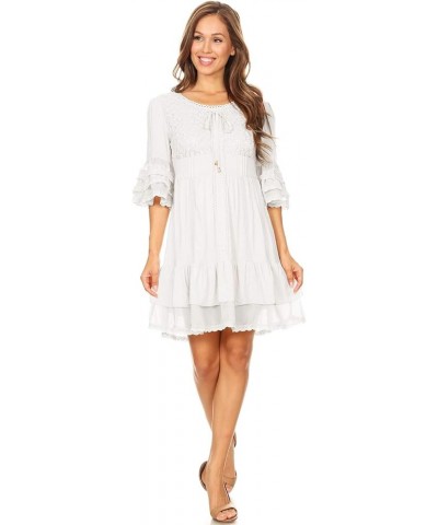 Womens Boho Peasant Floral Lace Ruffle Hem Bell Sleeve Mini Dress White $30.59 Blouses