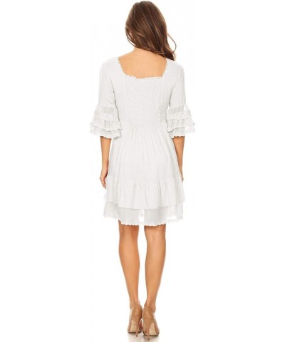 Womens Boho Peasant Floral Lace Ruffle Hem Bell Sleeve Mini Dress White $30.59 Blouses