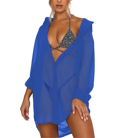 Women's Swimsuit Beach Cover Up Loose V-Neck Button Down Bikini Bathing Suit Blue $20.64 Swimsuits