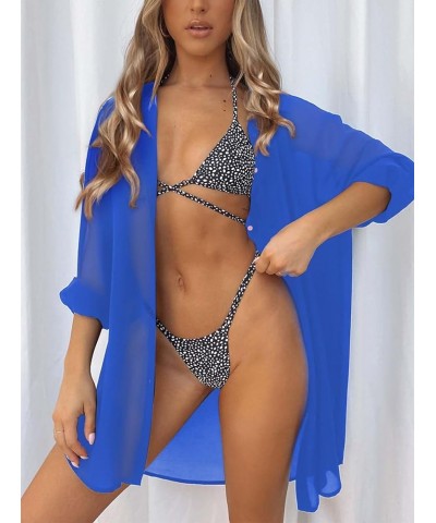 Women's Swimsuit Beach Cover Up Loose V-Neck Button Down Bikini Bathing Suit Blue $20.64 Swimsuits