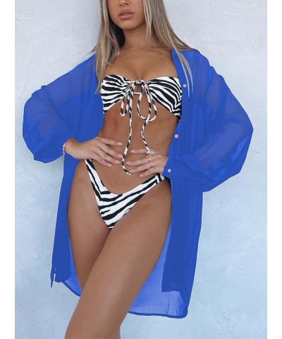 Women's Swimsuit Beach Cover Up Loose V-Neck Button Down Bikini Bathing Suit Blue $20.64 Swimsuits