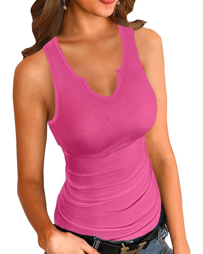 Tank Tops for Women Summer Sleeveless V Neck Fitted Top Slim Ribbed Racerback Basic Cami Shirt Tanks V-hot Pink $8.24 Tanks