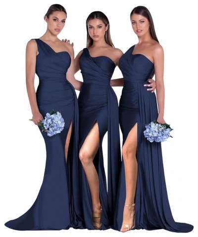 One Shoulder Satin Prom Dresses for Teens 2024 Mermaid Formal Evening Gown with Slit Navy Blue $40.49 Dresses