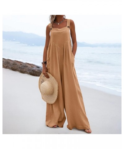 Women Casual Solid Wide Leg Overalls Pocket Romper Long Playsuit Strap Summer Loose Comfy Baggy Button Jumpsuit Camel $9.11 O...