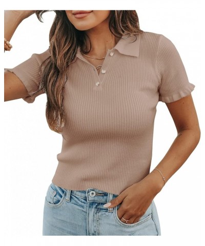 Womens Short Sleeve Sweater Tops V Neck Button Collared Ribbed Knit Pullover Shirt Slim Cropped Fall Blouse Tee Khaki $15.40 ...