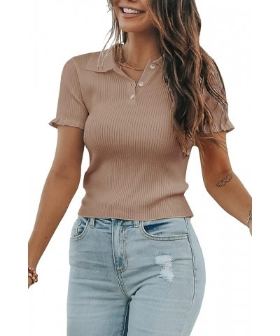 Womens Short Sleeve Sweater Tops V Neck Button Collared Ribbed Knit Pullover Shirt Slim Cropped Fall Blouse Tee Khaki $15.40 ...