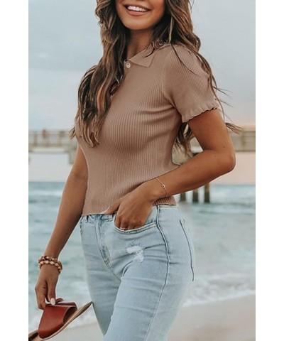 Womens Short Sleeve Sweater Tops V Neck Button Collared Ribbed Knit Pullover Shirt Slim Cropped Fall Blouse Tee Khaki $15.40 ...