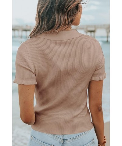 Womens Short Sleeve Sweater Tops V Neck Button Collared Ribbed Knit Pullover Shirt Slim Cropped Fall Blouse Tee Khaki $15.40 ...