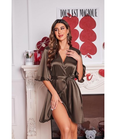 Women's Satin Robe Valentines Lingerie for Women Kimono Bathrobe Short Ruffle Belted Robes Bridesmaids Sleepwear Light Coffee...