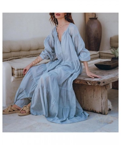 Women Y2k Puff Long Sleeve Ruffle Dress Pleated Maxi Long Swing Dress Loose Fit Elegant Tiered Dresses Beach Wear A-blue $15....