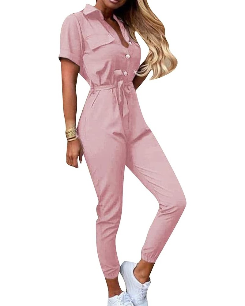 Fashion Ladies Jumpsuit Casual Short Sleeve Lapel Collar Button Down Pockets Rompers with Belt Pink $14.50 Jumpsuits