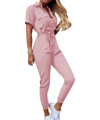 Fashion Ladies Jumpsuit Casual Short Sleeve Lapel Collar Button Down Pockets Rompers with Belt Pink $14.50 Jumpsuits