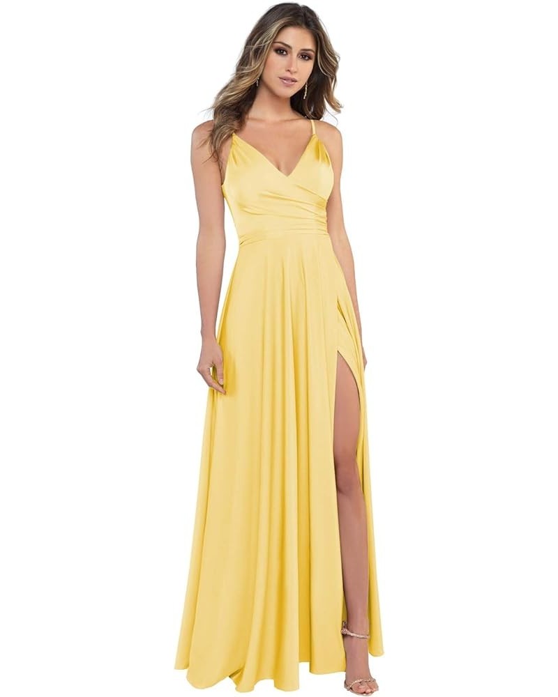 Satin Bridesmaid Dresses Long V Neck Spaghetti Strap Evening Formal Dress Yellow $28.04 Dresses