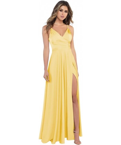 Satin Bridesmaid Dresses Long V Neck Spaghetti Strap Evening Formal Dress Yellow $28.04 Dresses