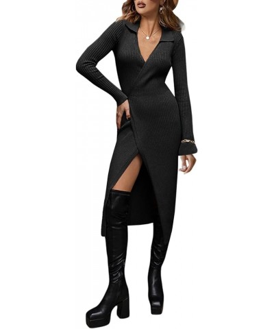 Womens Long Sleeve Sweater Dresses Sexy V Neck Slit Bodycon Knitted Ribbed Wrap Midi Dress Black $23.39 Dresses