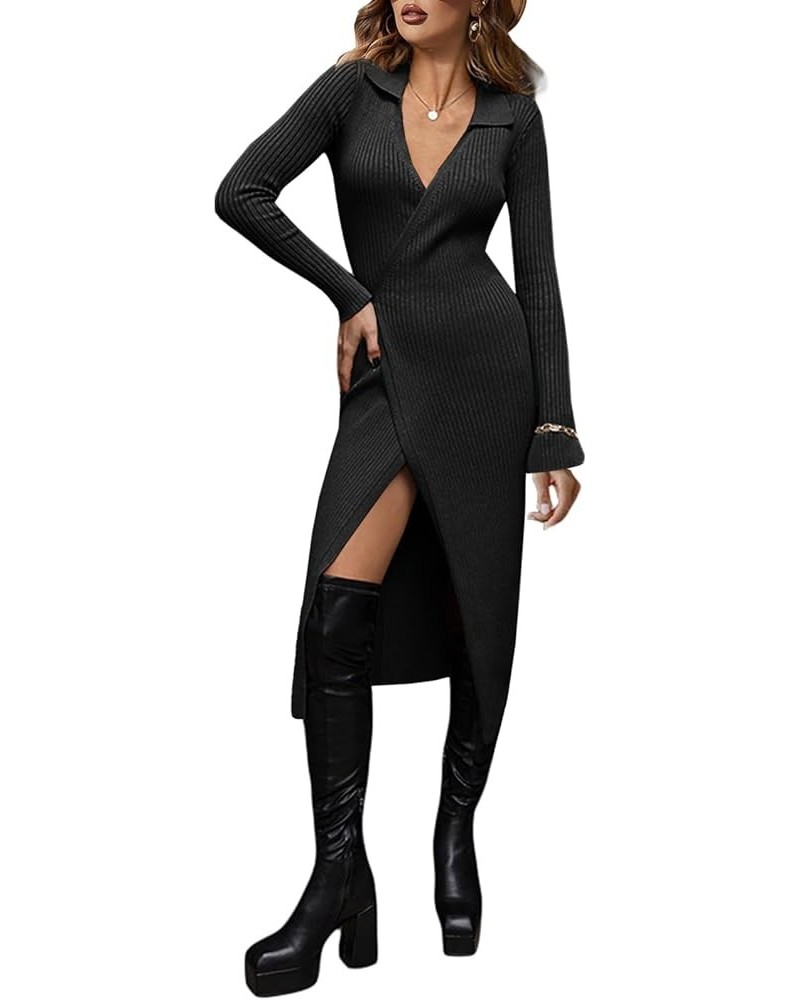 Womens Long Sleeve Sweater Dresses Sexy V Neck Slit Bodycon Knitted Ribbed Wrap Midi Dress Black $23.39 Dresses