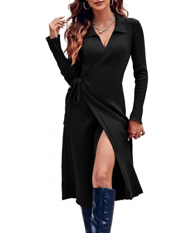 Womens Long Sleeve Sweater Dresses Sexy V Neck Slit Bodycon Knitted Ribbed Wrap Midi Dress Black $23.39 Dresses