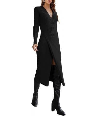 Womens Long Sleeve Sweater Dresses Sexy V Neck Slit Bodycon Knitted Ribbed Wrap Midi Dress Black $23.39 Dresses