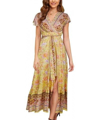 Women's Bohemia Side Split V Neck Ruffles Short Sleeves Maxi Dress with Belt Yellow Flower $14.24 Dresses