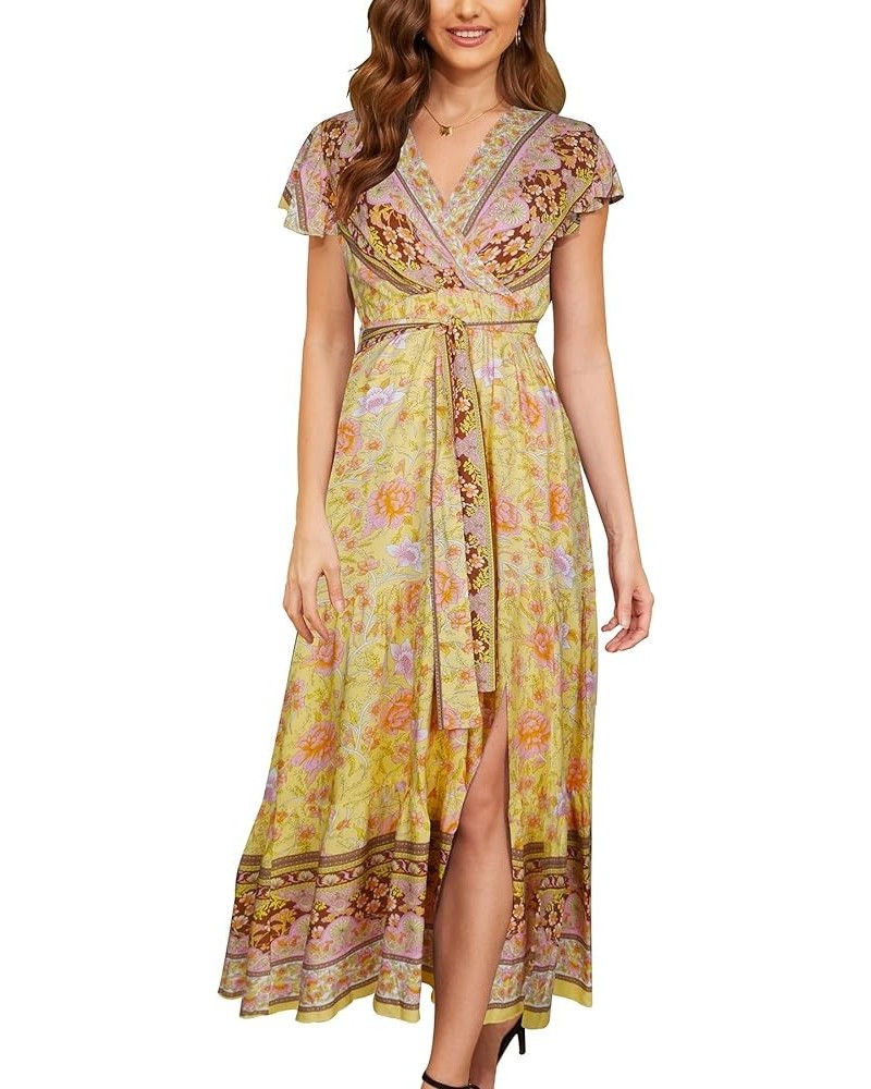 Women's Bohemia Side Split V Neck Ruffles Short Sleeves Maxi Dress with Belt Yellow Flower $14.24 Dresses