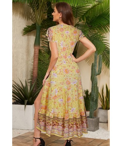 Women's Bohemia Side Split V Neck Ruffles Short Sleeves Maxi Dress with Belt Yellow Flower $14.24 Dresses