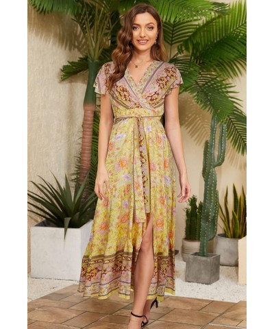 Women's Bohemia Side Split V Neck Ruffles Short Sleeves Maxi Dress with Belt Yellow Flower $14.24 Dresses