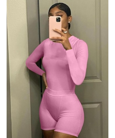 Casual Workout Two Piece Outfits for Women Crew Neck Ribbed Long Sleeved High Waist pants Matching Sets Streetwear Deep Pink-...