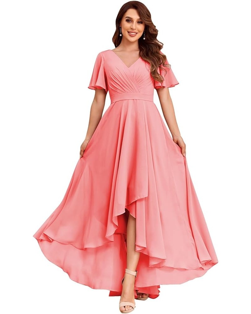 Women's Flutter Sleeve Bridesmaid Dresses with Pockets High Low Formal Dress Coral $30.23 Dresses