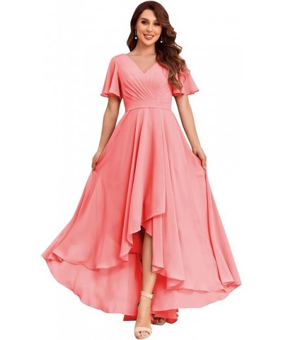 Women's Flutter Sleeve Bridesmaid Dresses with Pockets High Low Formal Dress Coral $30.23 Dresses