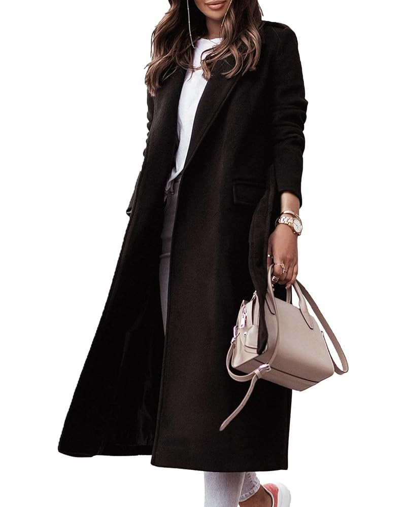 Womens Trench Coat Lapel Collar Open Front Belted Long Peacoat Jacket Fall Winter Windproof Overcoat Black $16.18 Coats