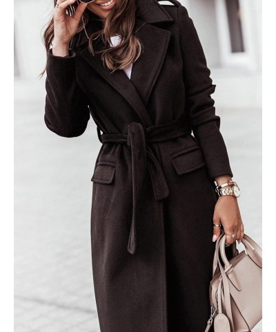 Womens Trench Coat Lapel Collar Open Front Belted Long Peacoat Jacket Fall Winter Windproof Overcoat Black $16.18 Coats