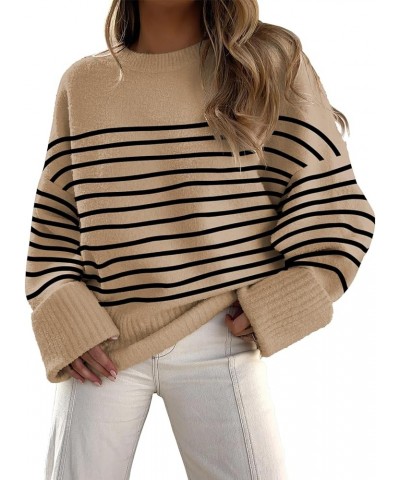 Women's Oversized Soft Crewneck Sweaters Fuzzy Warm Knit Pullover Tops 2023 Fashion Clothes Camel Black Stripe $15.41 Sweaters