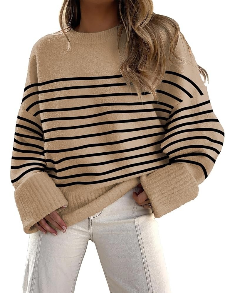 Women's Oversized Soft Crewneck Sweaters Fuzzy Warm Knit Pullover Tops 2023 Fashion Clothes Camel Black Stripe $15.41 Sweaters