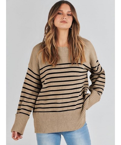 Women's Oversized Soft Crewneck Sweaters Fuzzy Warm Knit Pullover Tops 2023 Fashion Clothes Camel Black Stripe $15.41 Sweaters