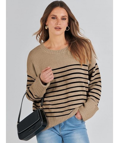 Women's Oversized Soft Crewneck Sweaters Fuzzy Warm Knit Pullover Tops 2023 Fashion Clothes Camel Black Stripe $15.41 Sweaters