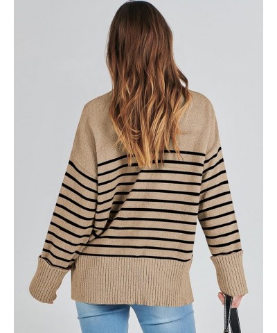 Women's Oversized Soft Crewneck Sweaters Fuzzy Warm Knit Pullover Tops 2023 Fashion Clothes Camel Black Stripe $15.41 Sweaters