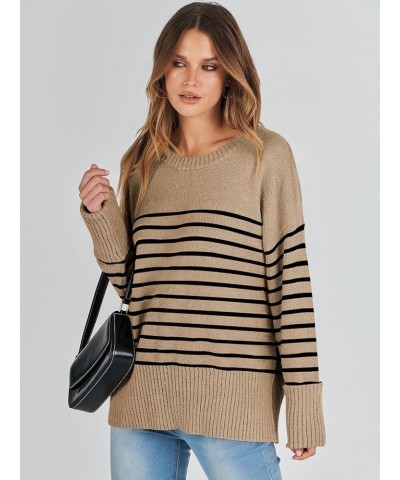 Women's Oversized Soft Crewneck Sweaters Fuzzy Warm Knit Pullover Tops 2023 Fashion Clothes Camel Black Stripe $15.41 Sweaters