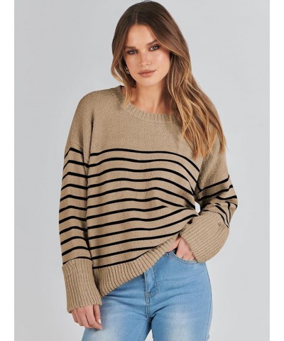 Women's Oversized Soft Crewneck Sweaters Fuzzy Warm Knit Pullover Tops 2023 Fashion Clothes Camel Black Stripe $15.41 Sweaters