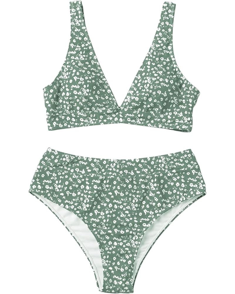 Women's Floral Print V Neck 2 Piece Bikini Set High Waisted Swimsuit Bathing Suit Mint Green $17.10 Swimsuits