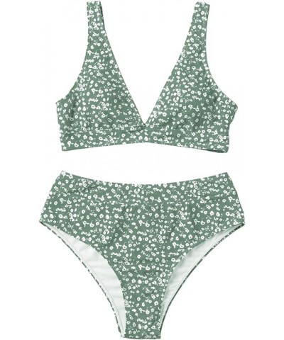 Women's Floral Print V Neck 2 Piece Bikini Set High Waisted Swimsuit Bathing Suit Mint Green $17.10 Swimsuits