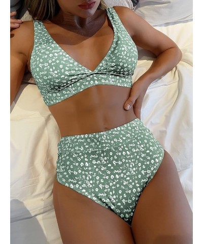 Women's Floral Print V Neck 2 Piece Bikini Set High Waisted Swimsuit Bathing Suit Mint Green $17.10 Swimsuits