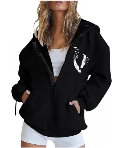 Fall Jacket For Women Trendy Oversized Sweatshirts Teen Girls Trendy y2k Clothes Printed Full Zip Up Hoodies Feather-black $1...