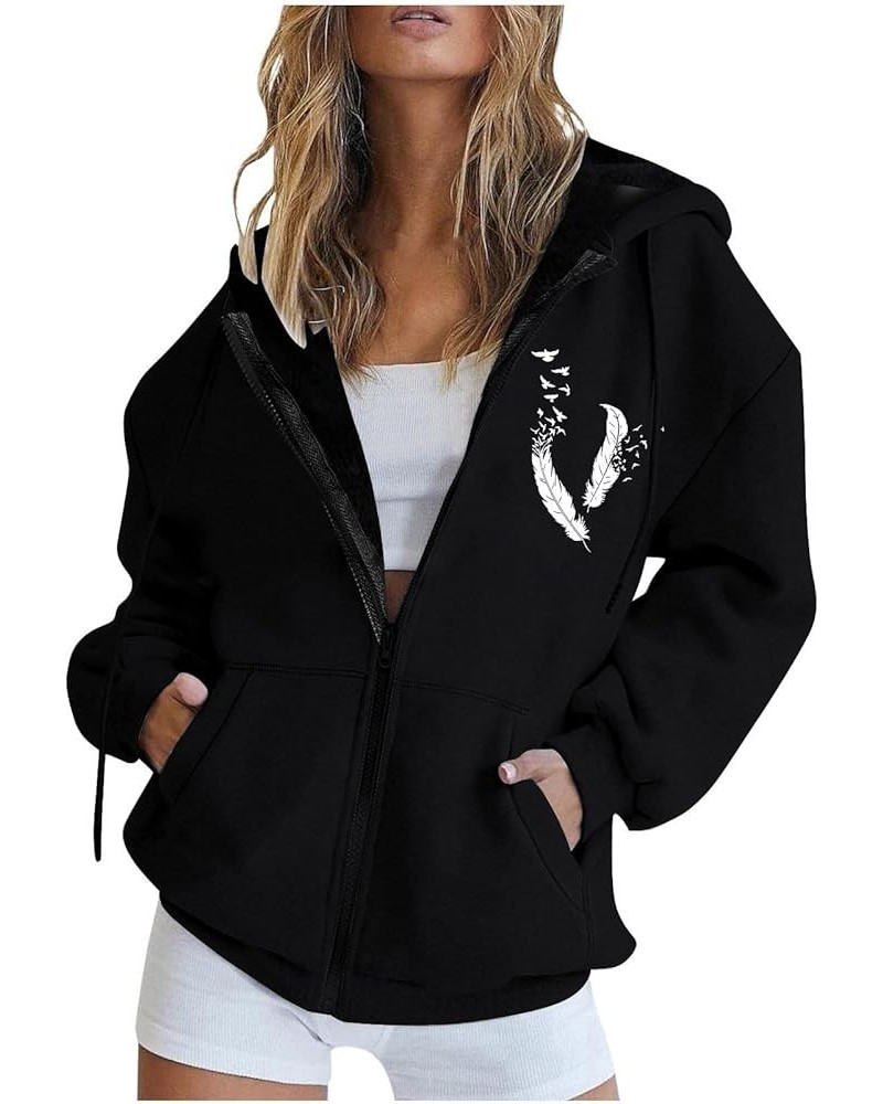 Fall Jacket For Women Trendy Oversized Sweatshirts Teen Girls Trendy y2k Clothes Printed Full Zip Up Hoodies Feather-black $1...