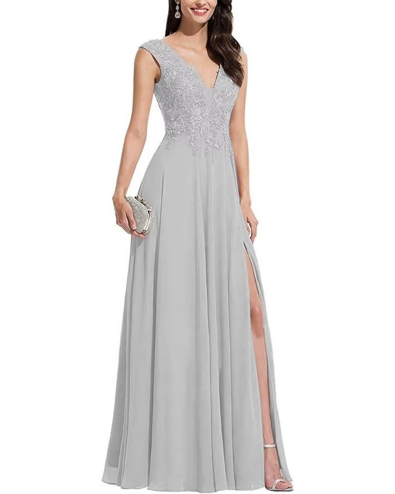 Chiffon Bridesmaid Dresses with Slit V-Neck Mother of Bride Dress Laces Applique Elegant A-line Formal Evening Dresses Silver...