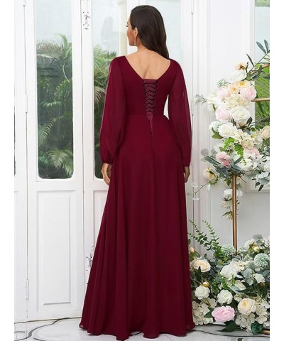 Long Sleeve Bridesmaid Dresses for Wedding Chiffon Pleated V-Neck Empire Waist Formal Dress Red $42.39 Dresses