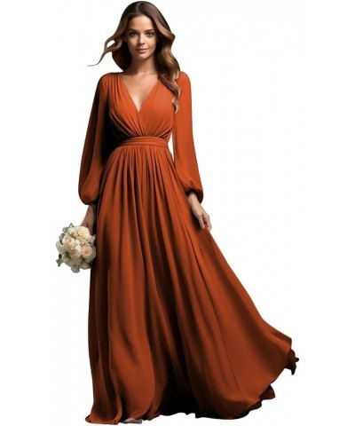 Long Sleeve Bridesmaid Dresses for Wedding Chiffon Pleated V-Neck Empire Waist Formal Dress Red $42.39 Dresses