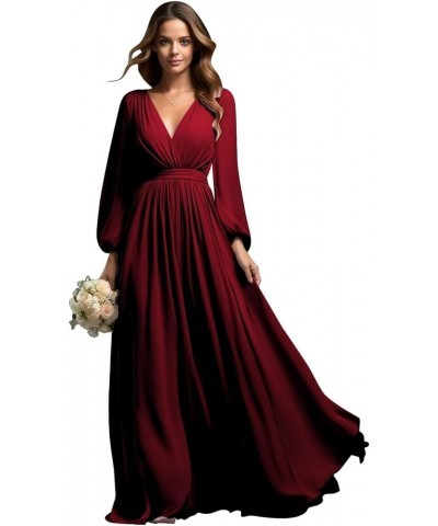 Long Sleeve Bridesmaid Dresses for Wedding Chiffon Pleated V-Neck Empire Waist Formal Dress Red $42.39 Dresses