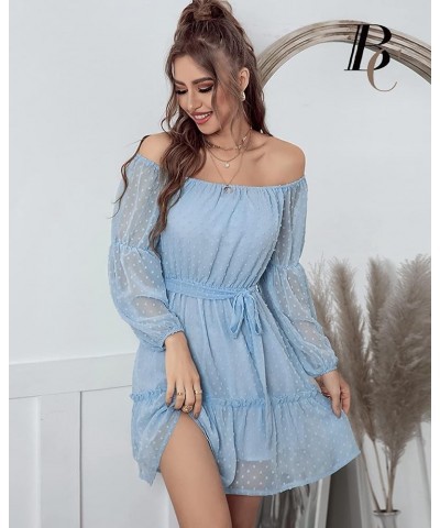 Women Dress Off Shoulder Chiffon Ladies Dress Elastic Neck Long Sleeve Dress with Lining and Waistband Light Blue $20.51 Dresses