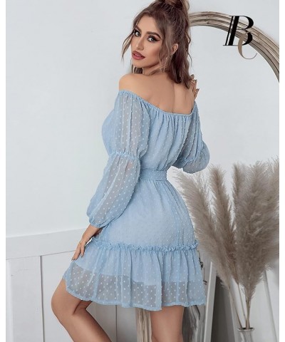 Women Dress Off Shoulder Chiffon Ladies Dress Elastic Neck Long Sleeve Dress with Lining and Waistband Light Blue $20.51 Dresses